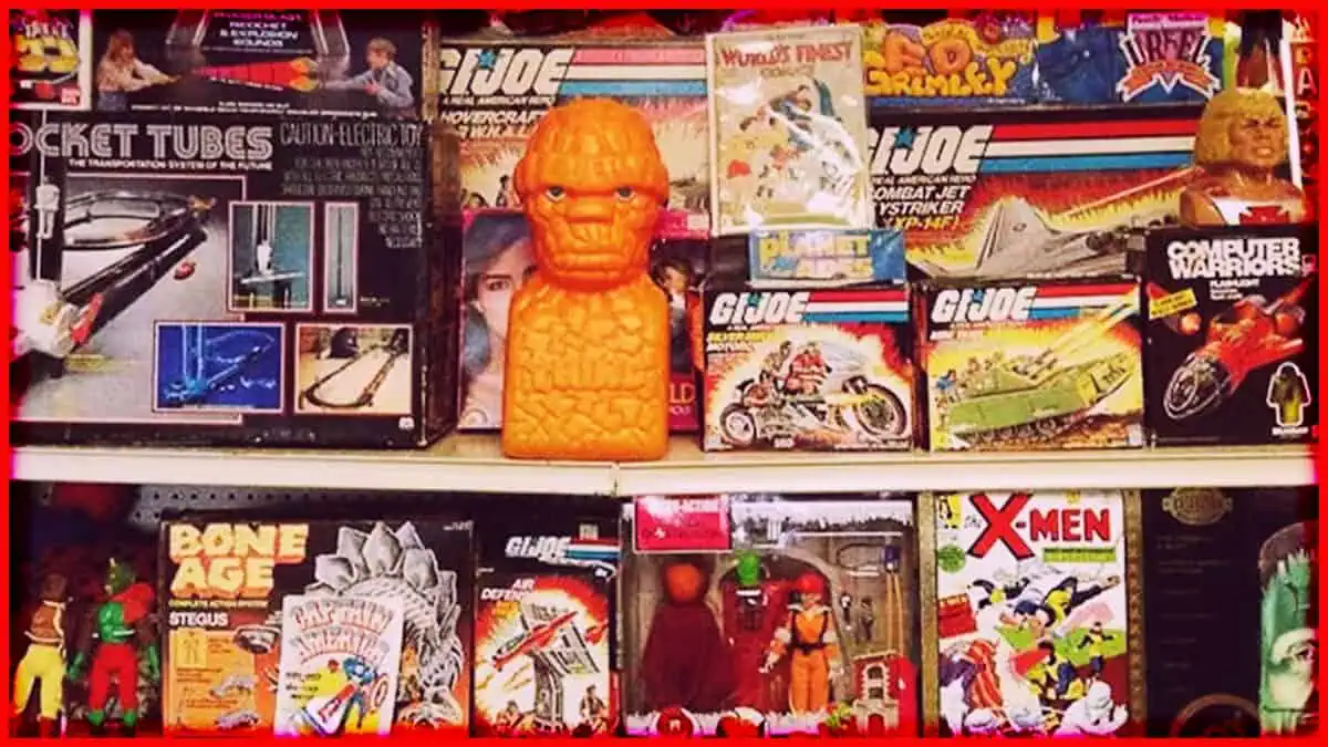 Colorful collection of vintage G.I. Joe and Marvel action figures on store shelves.