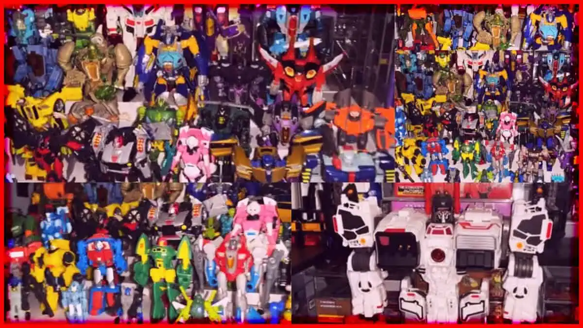 Collection of vintage and modern robot toys from Majin Planet display.