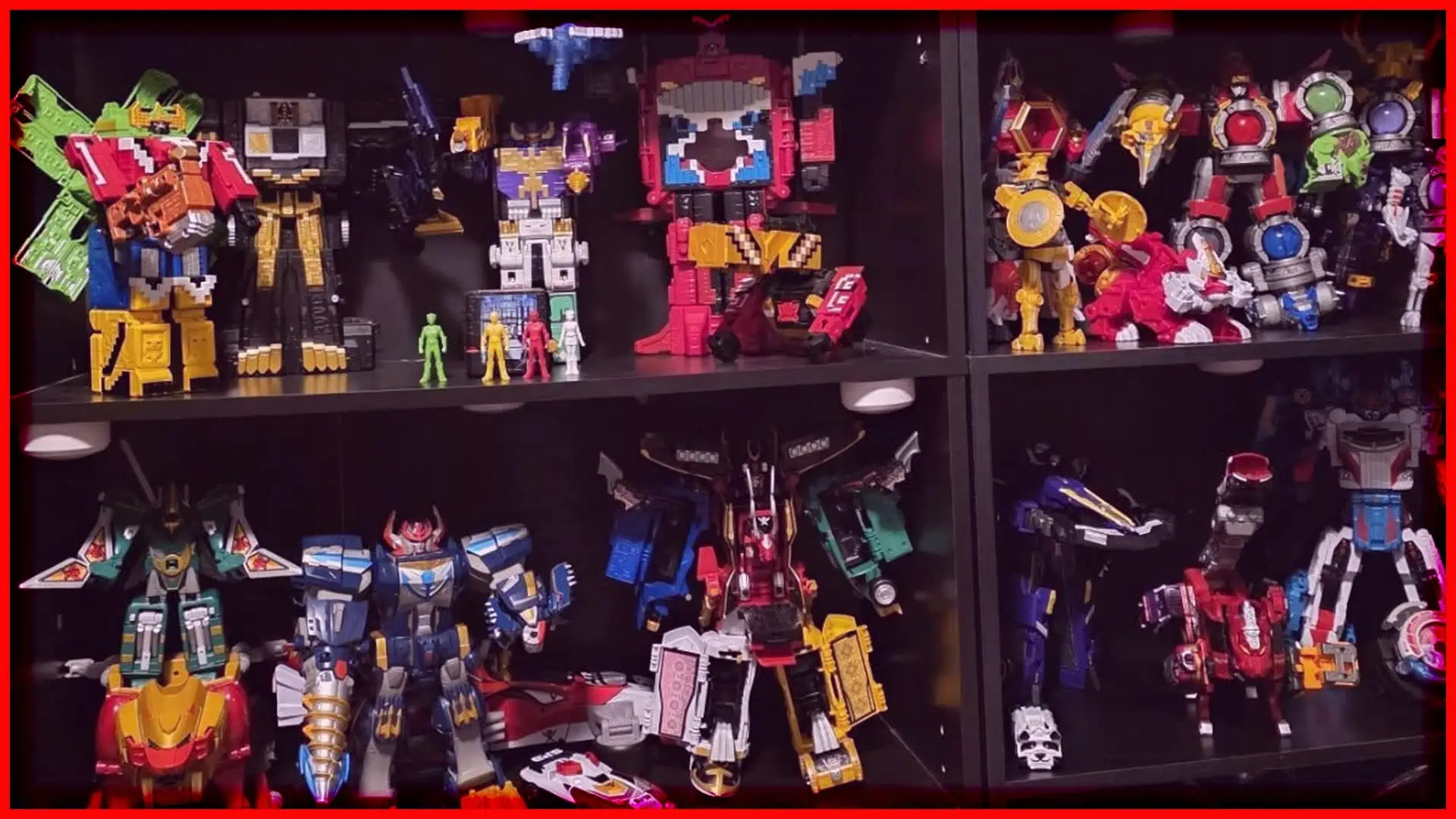 Colorful Transformers brick figures on display shelves at Majin Planet.