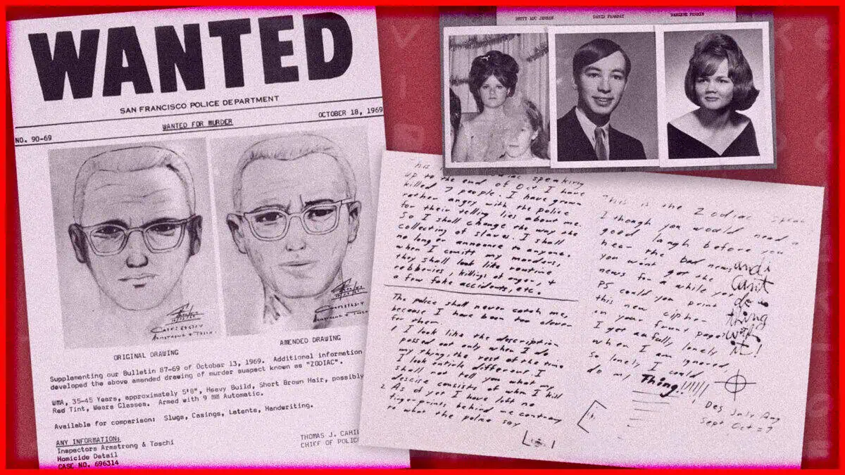 Zodiac Killings Investigation Evidence Investigation evidence related to the Zodiac Killings, including wanted posters and handwritten note.