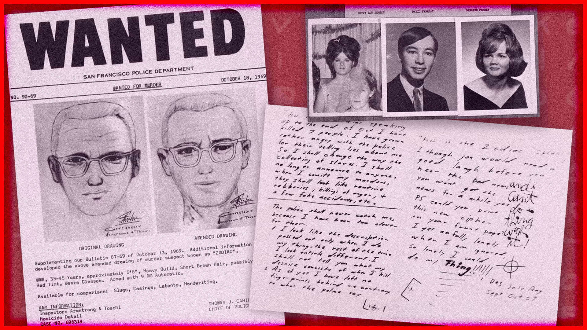 Investigation evidence related to the Zodiac Killings, including wanted posters and handwritten note.