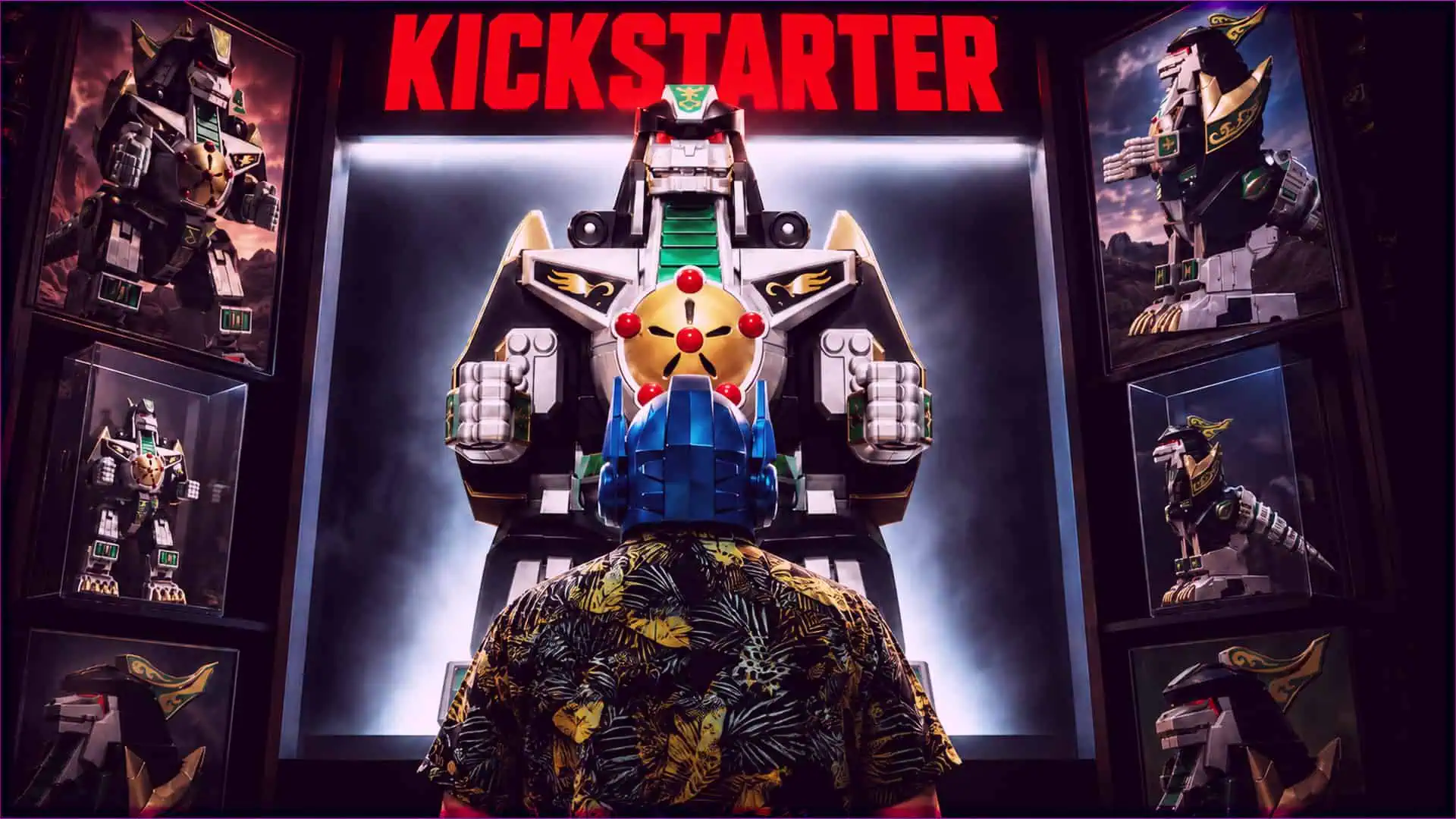 Large Dragonzord figure showcased at Kickstarter event with surrounding model displays.