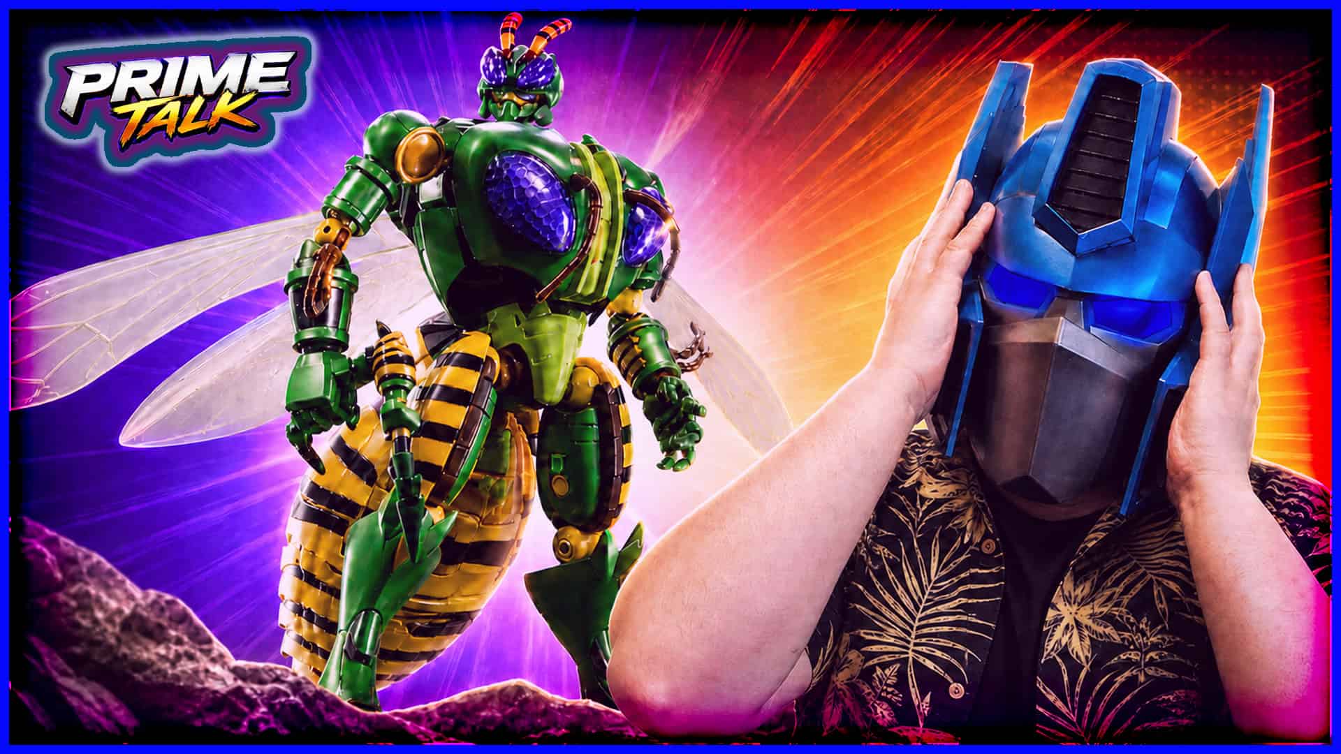 Colorful robot toy with insect figure in front of vibrant background.