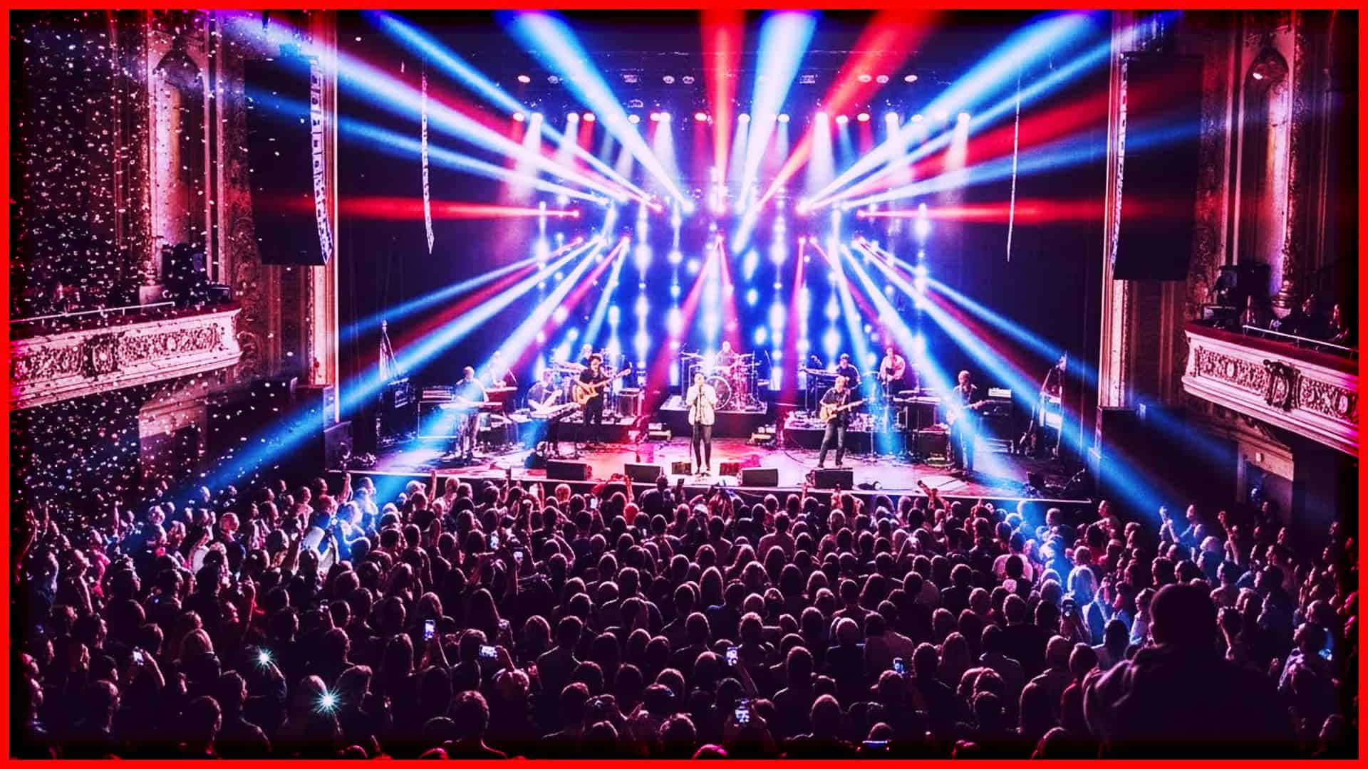 Live concert with colorful stage lights and a large audience.