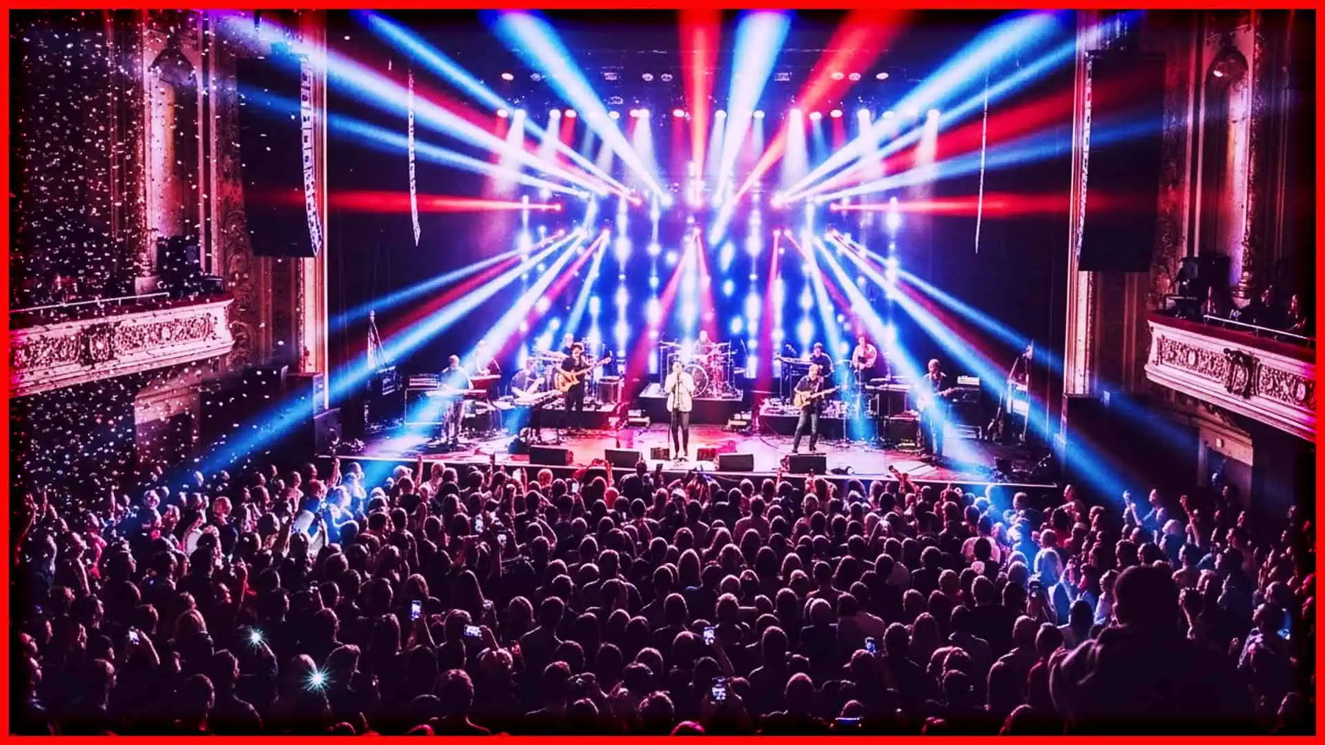Live concert with colorful stage lights and a large audience.