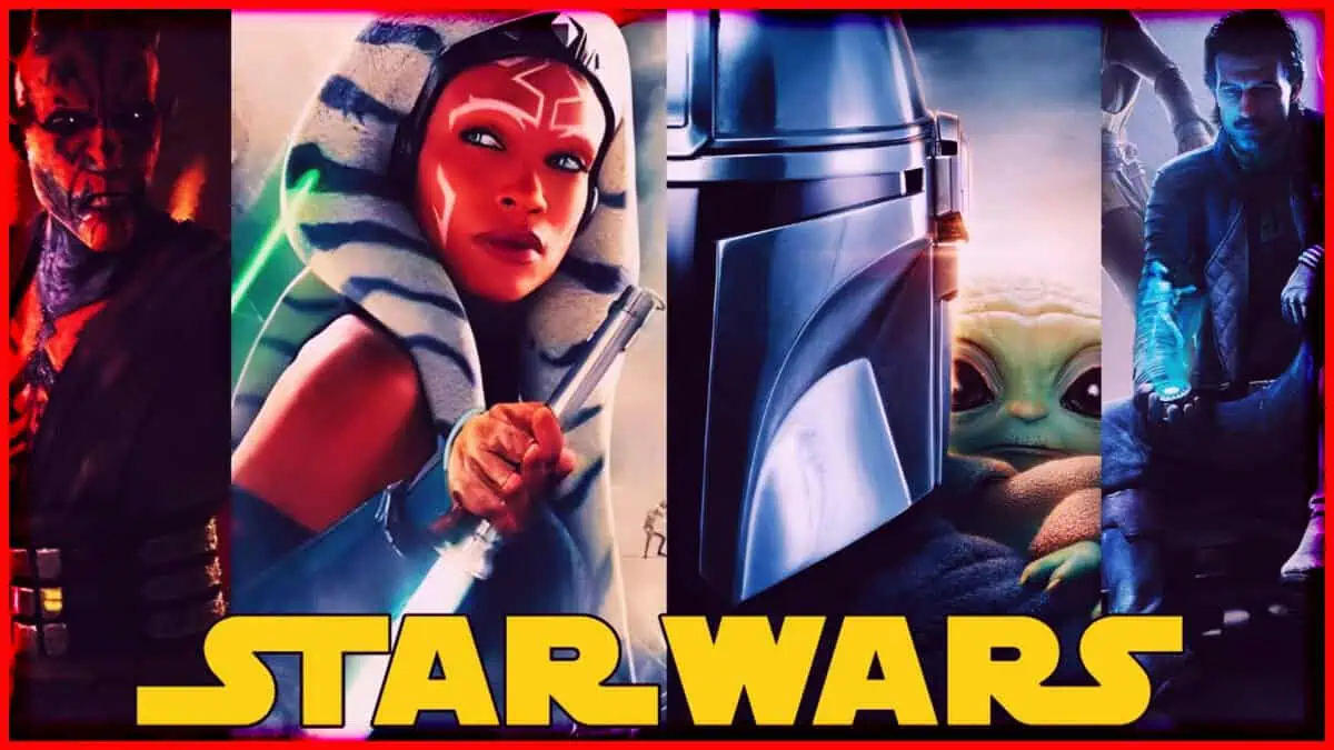 Diverse Star Wars characters including Mandalorian, Jedi, and alien species in action.