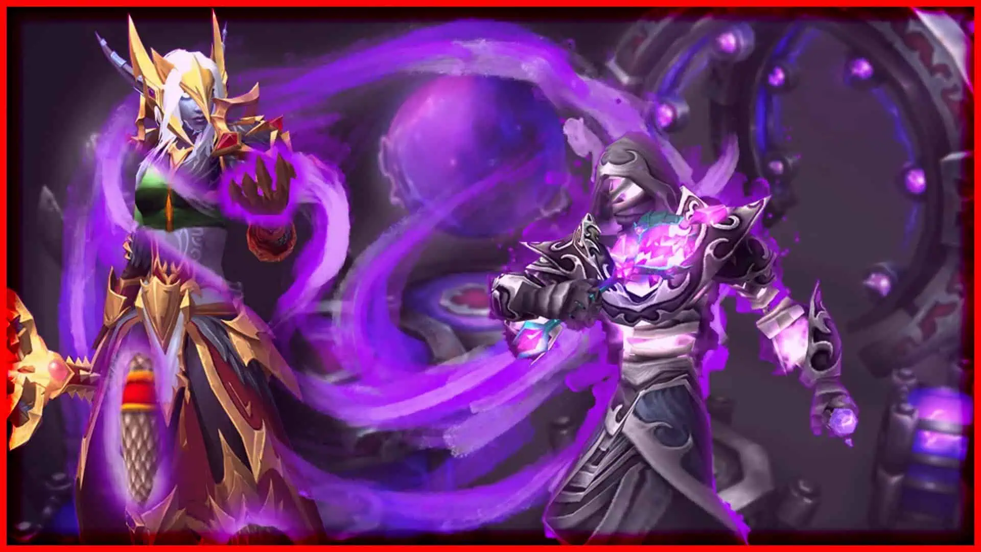 WoW transmog characters casting spells with purple effects.