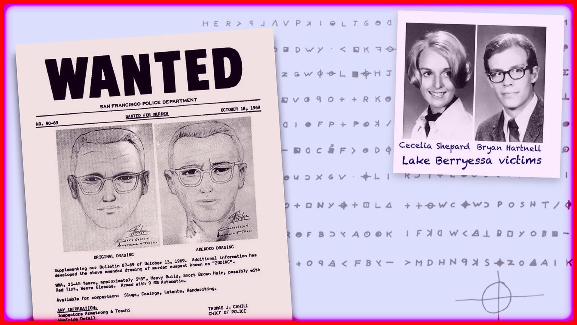 Crime sketch of Zodiac Killer and victims, related to unsolved case, forensic investigation, true cr.