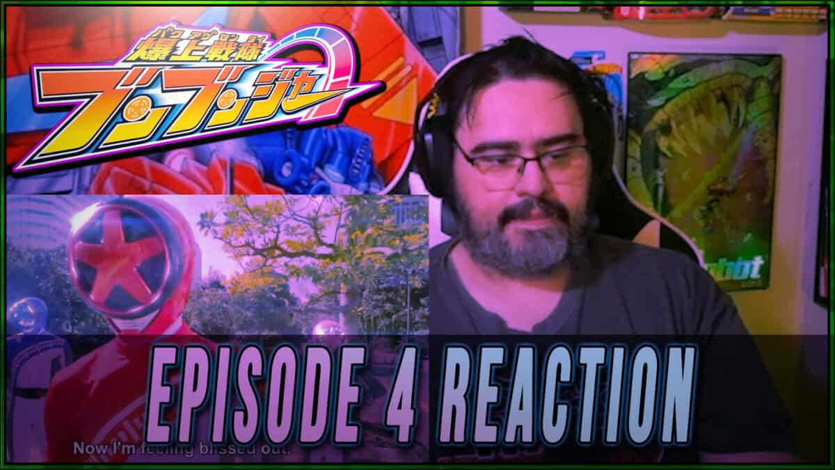 YouTuber reacting to Boonboomger Episode 4 with anime posters in background.
