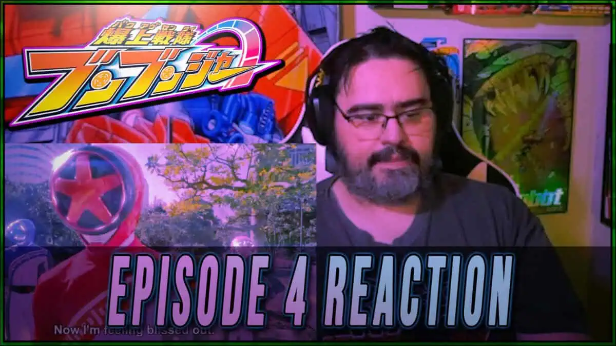 YouTuber reacting to Boonboomger Episode 4 with anime posters in background.