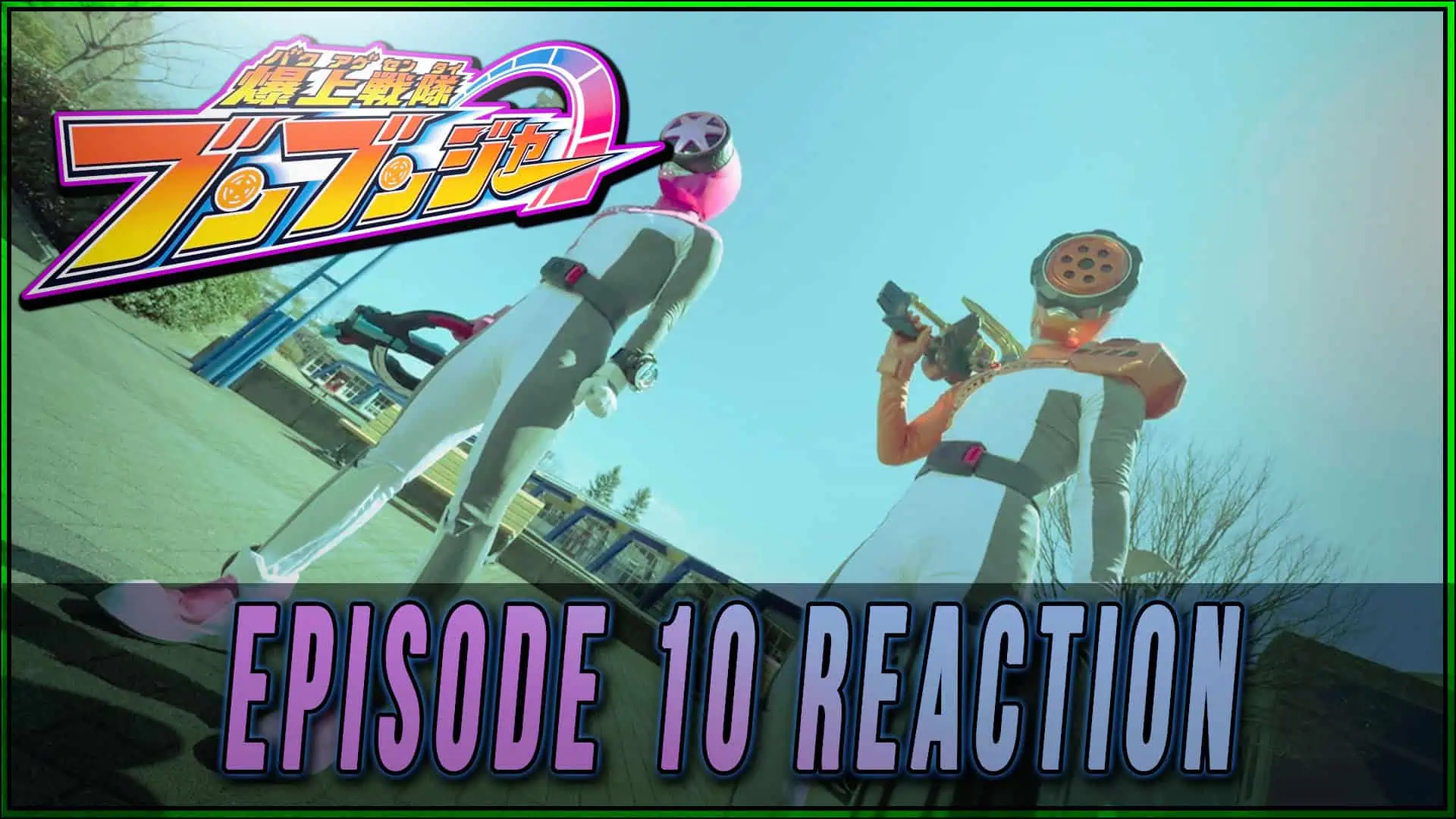 Futuristic characters with a cookie mascot and a gun in a vibrant outdoor setting.