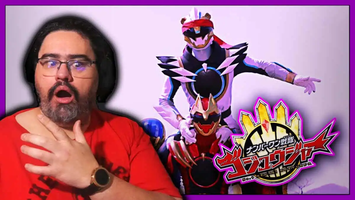 Kamen Rider Gavv characters with a man in a blue shirt.