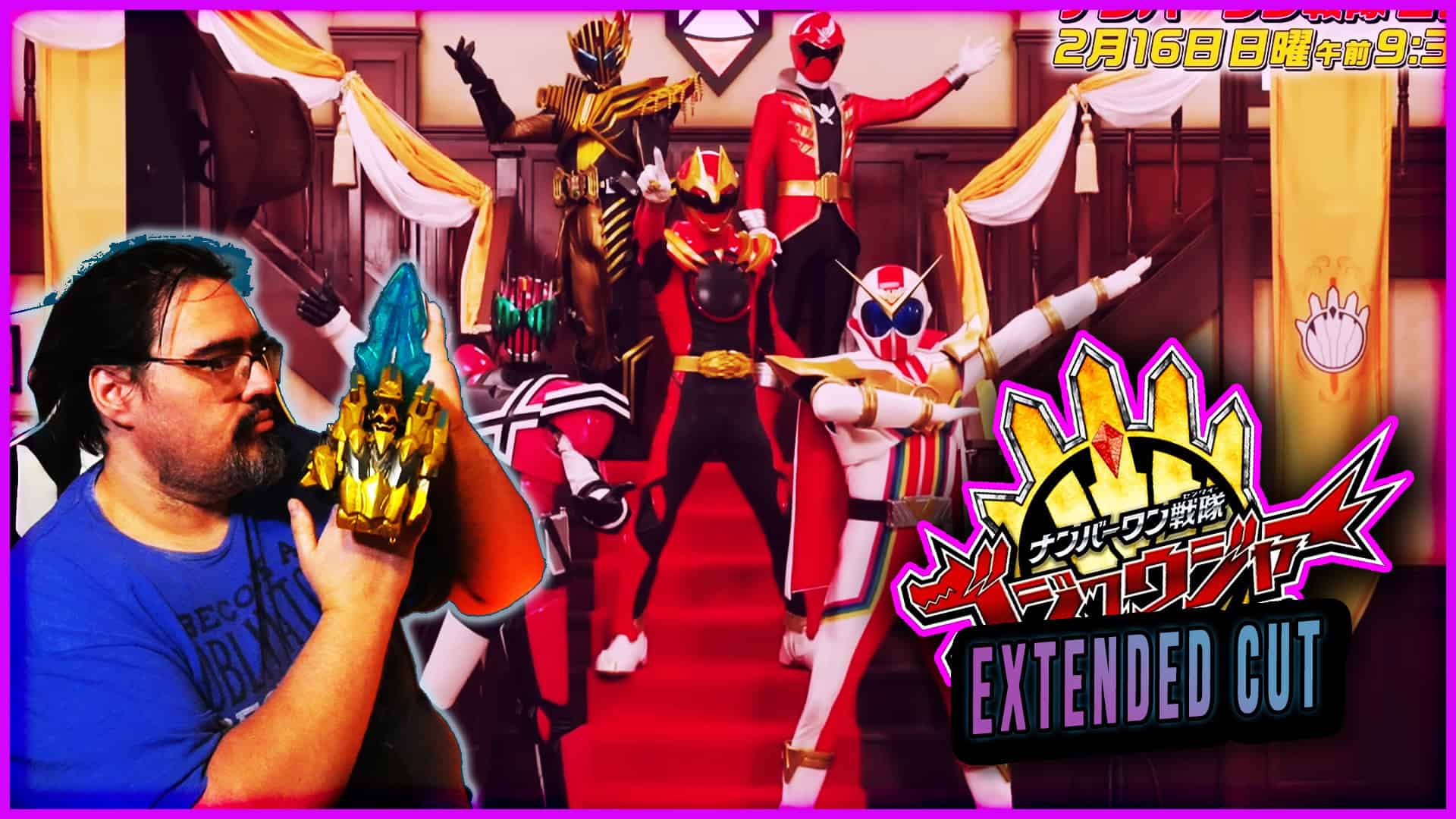 Costumed heroes from Sentai Gozyuger celebrating anniversary at Majin Planet event.