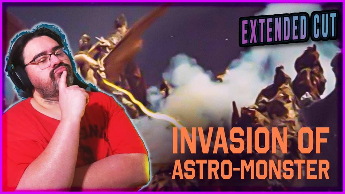 Scene from Invasion of Astro-Monster with giant monsters and space background.