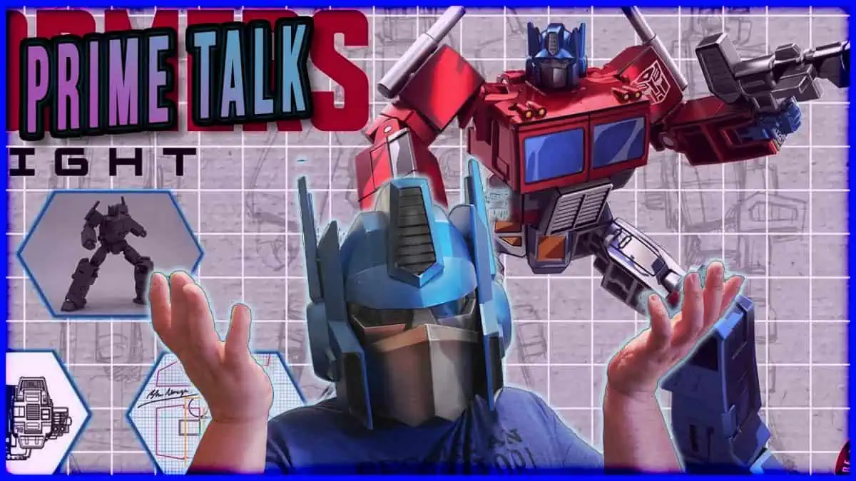 Child wearing a Transformer Optimus Prime mask with large robot figures in background.