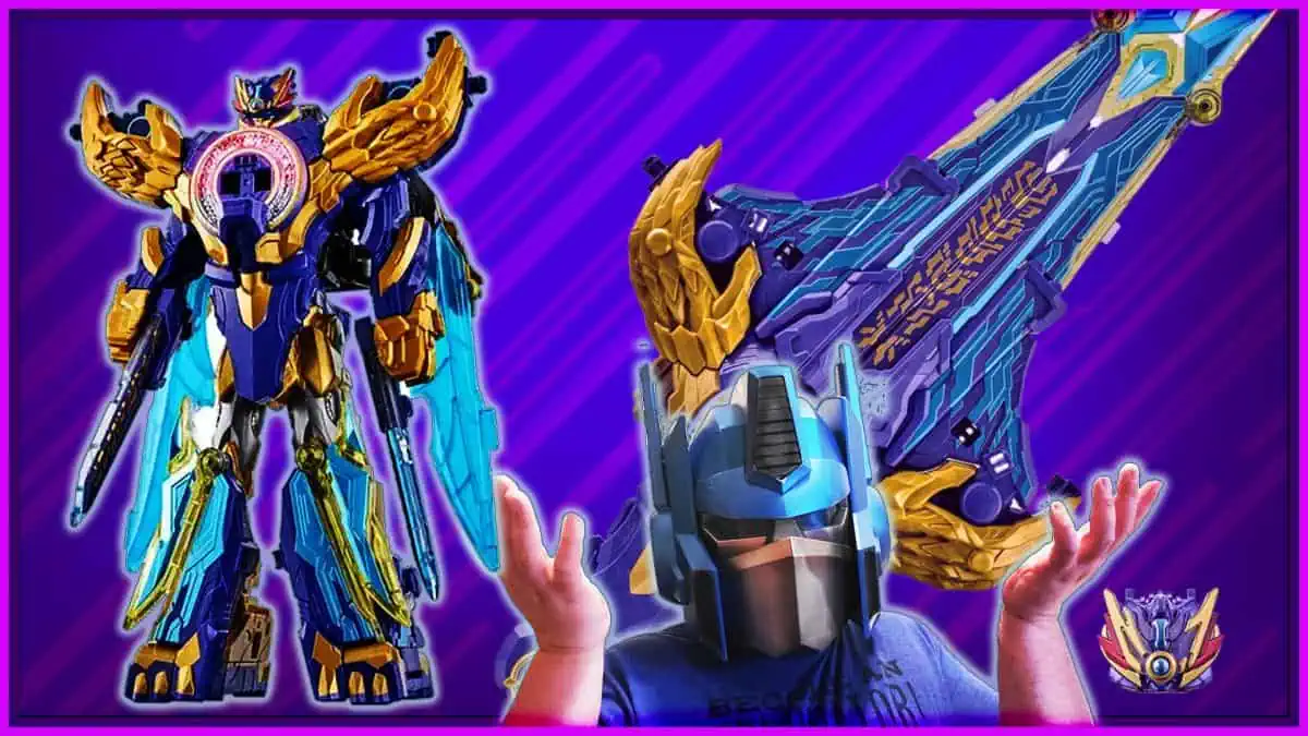 Detailed robot action figure with vibrant blue, gold, and purple colors.