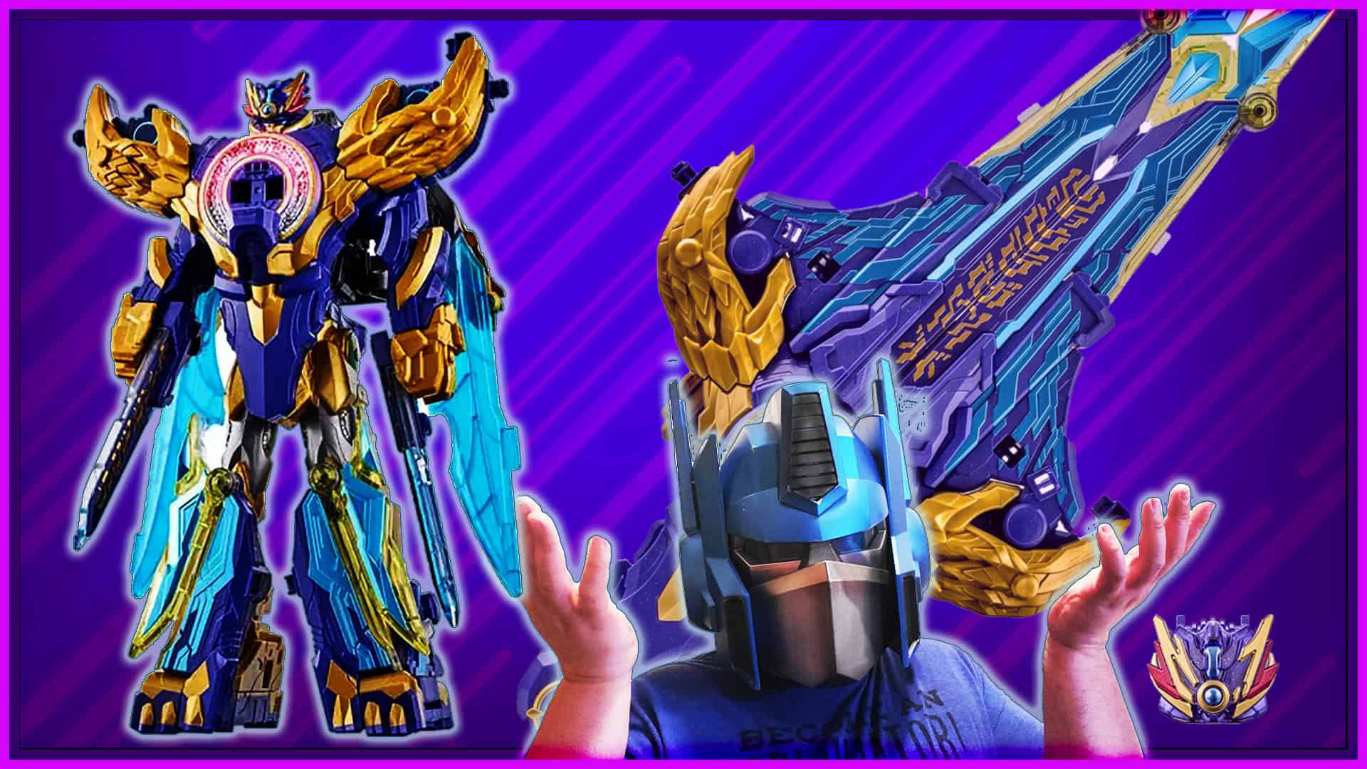 Detailed robot action figure with vibrant blue, gold, and purple colors.