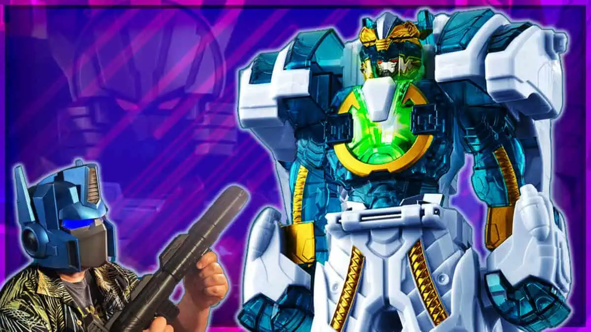 Futuristic robot toy with armor and weapon, vibrant colors.