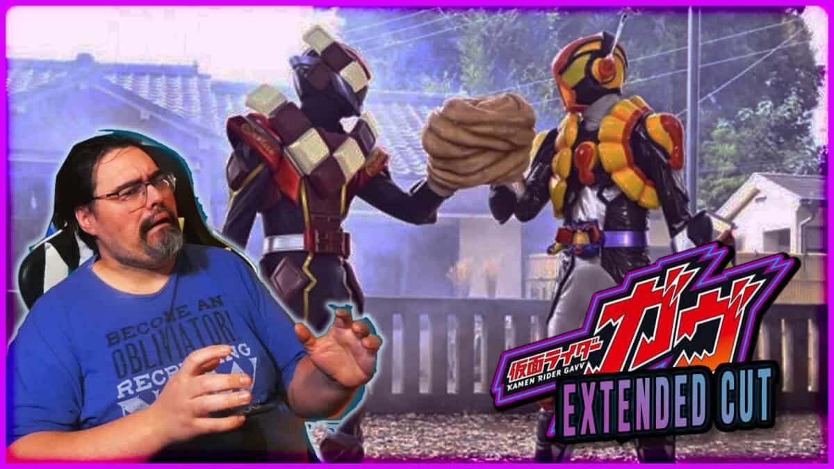 Kamen Rider Gavv characters with a man in a blue shirt watching.