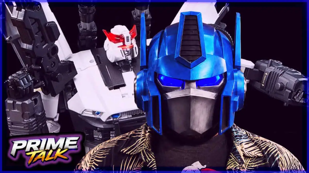 Detailed blue and white Gundam model with a black face mask and gold jacket.