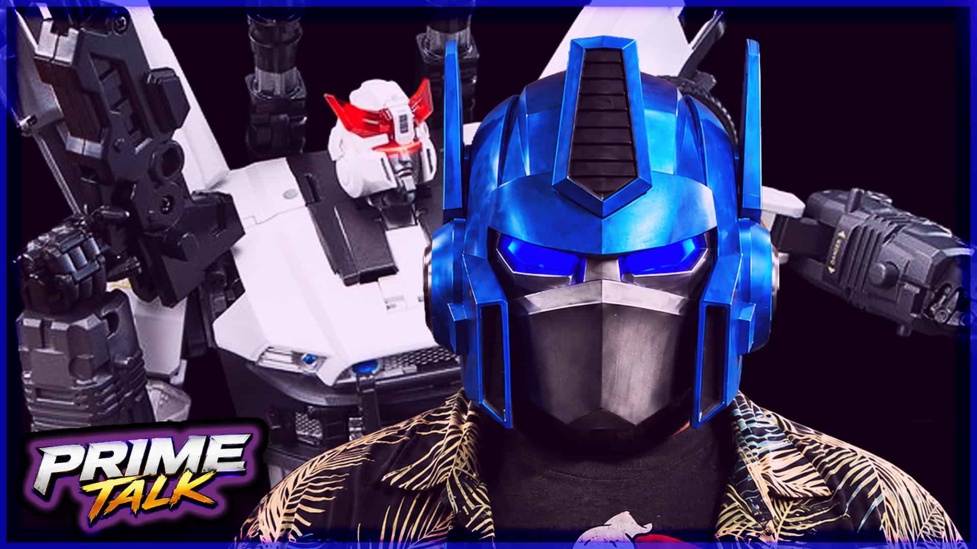 Detailed blue and white Gundam model with a black face mask and gold jacket.