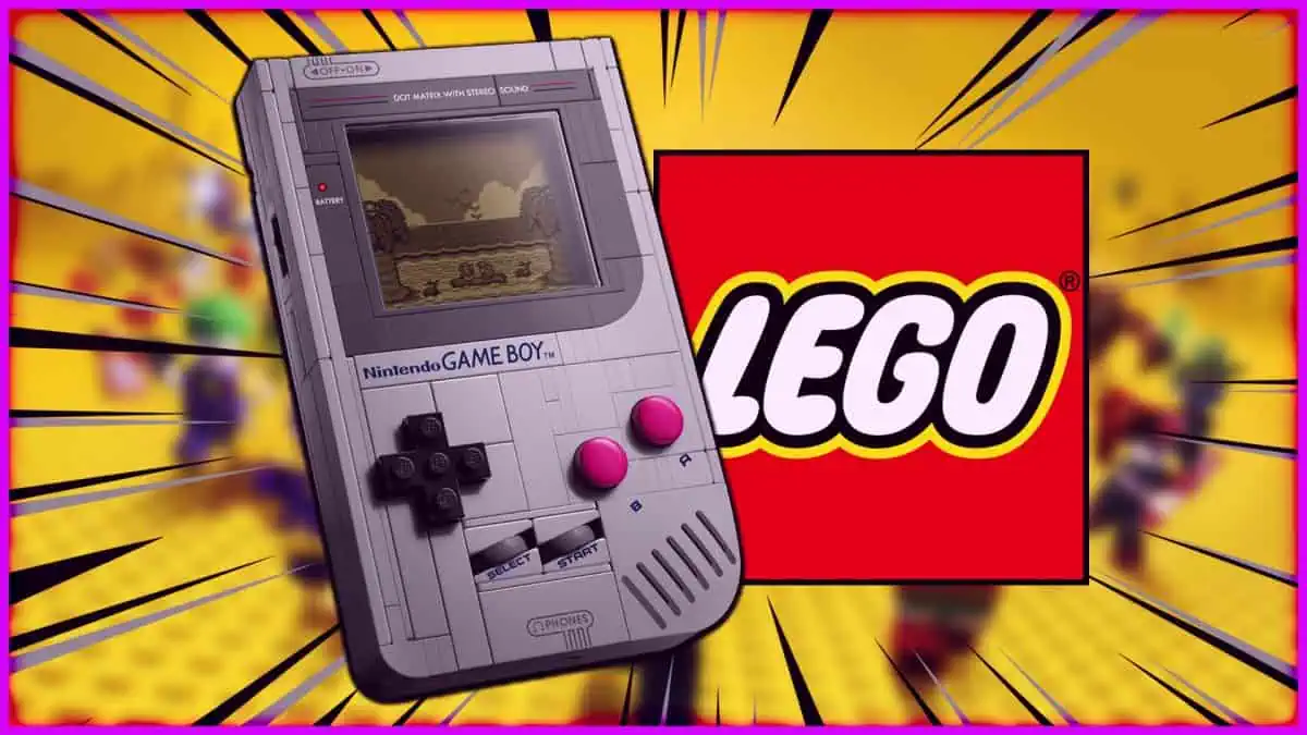 Portable handheld gaming device with LEGO branding and pixelated game screen.