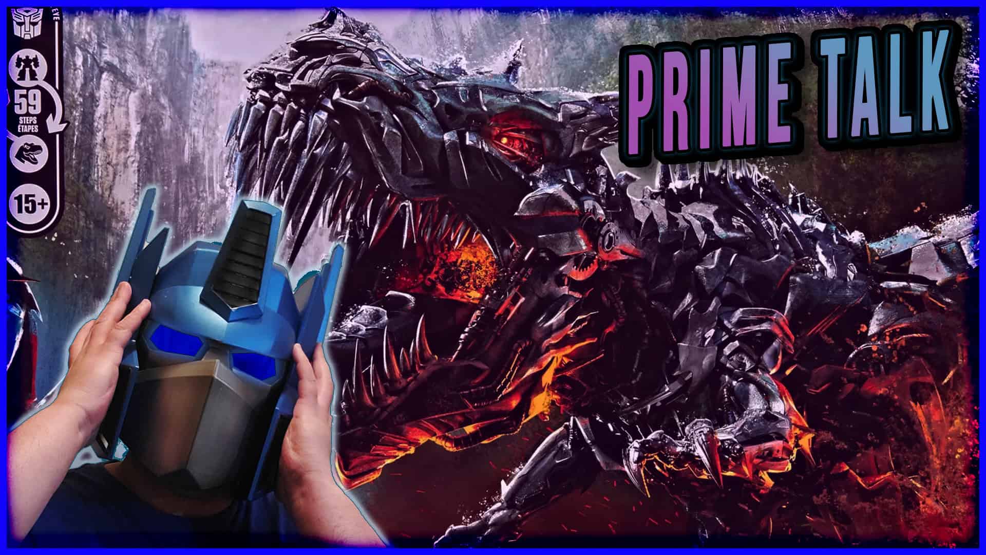 Detailed image of Prime Talk dragon figure with a child's hands holding a robot mask.