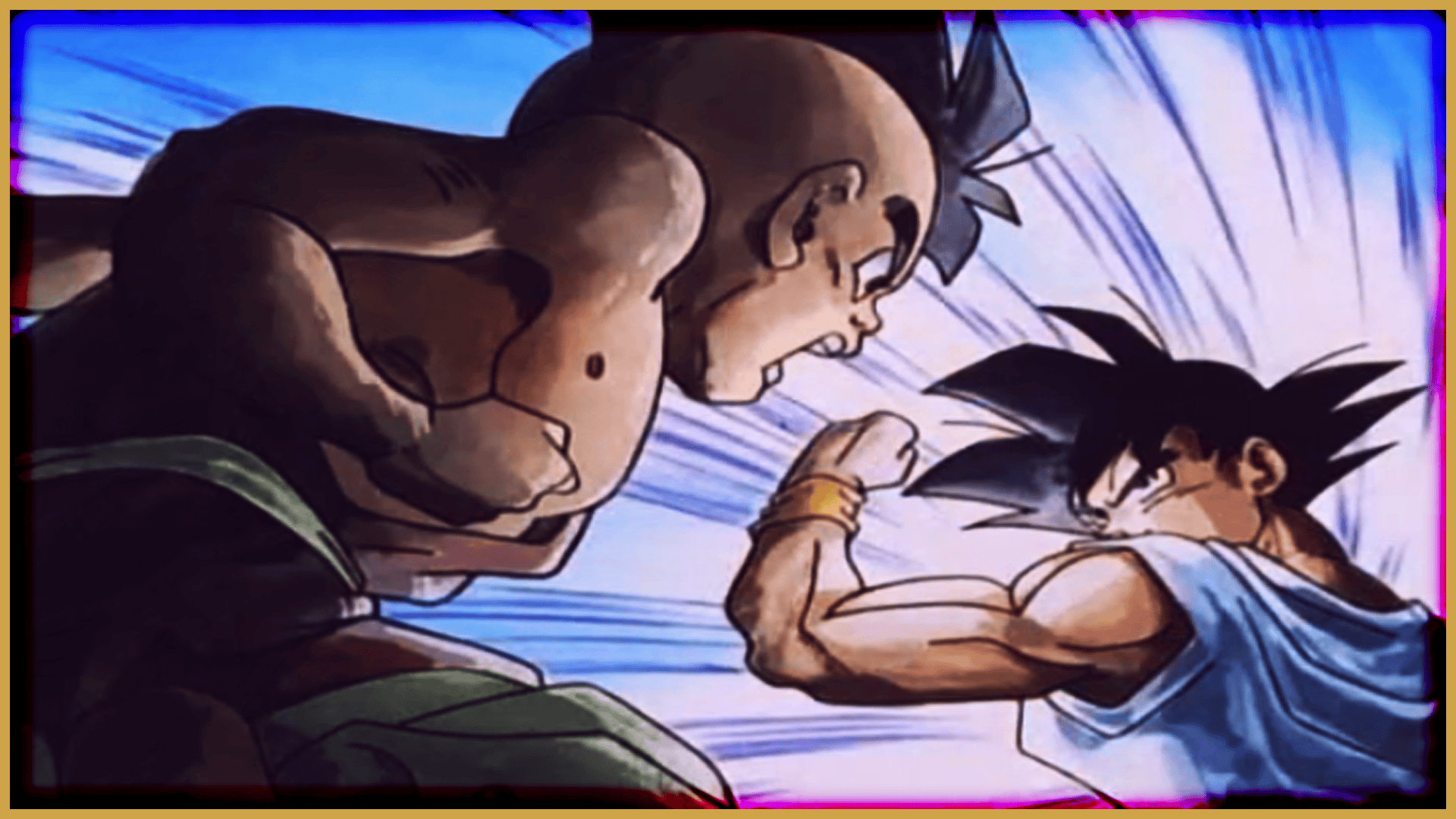 Goku and Majin Buu in a fierce battle from Dragon Ball, showcasing strength and determination.
