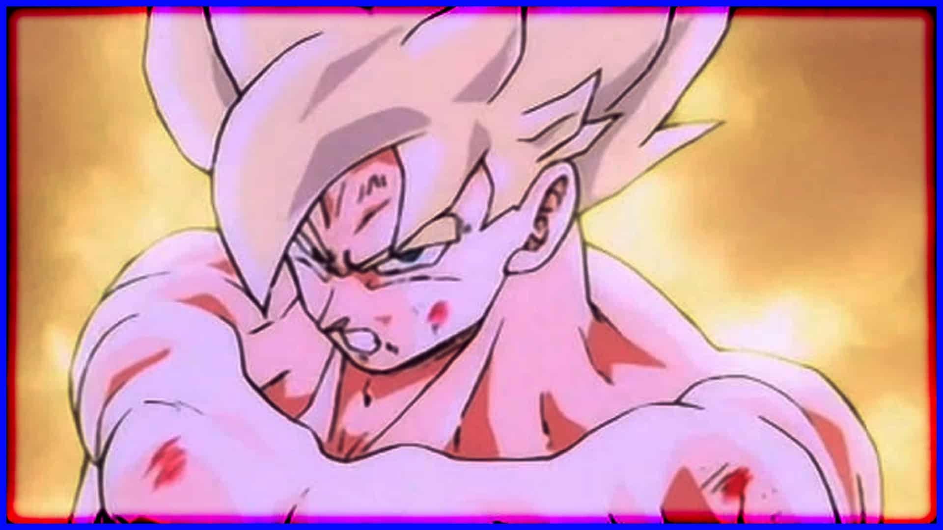 Goku in Majin form with a determined expression, showcasing his power and resolve.