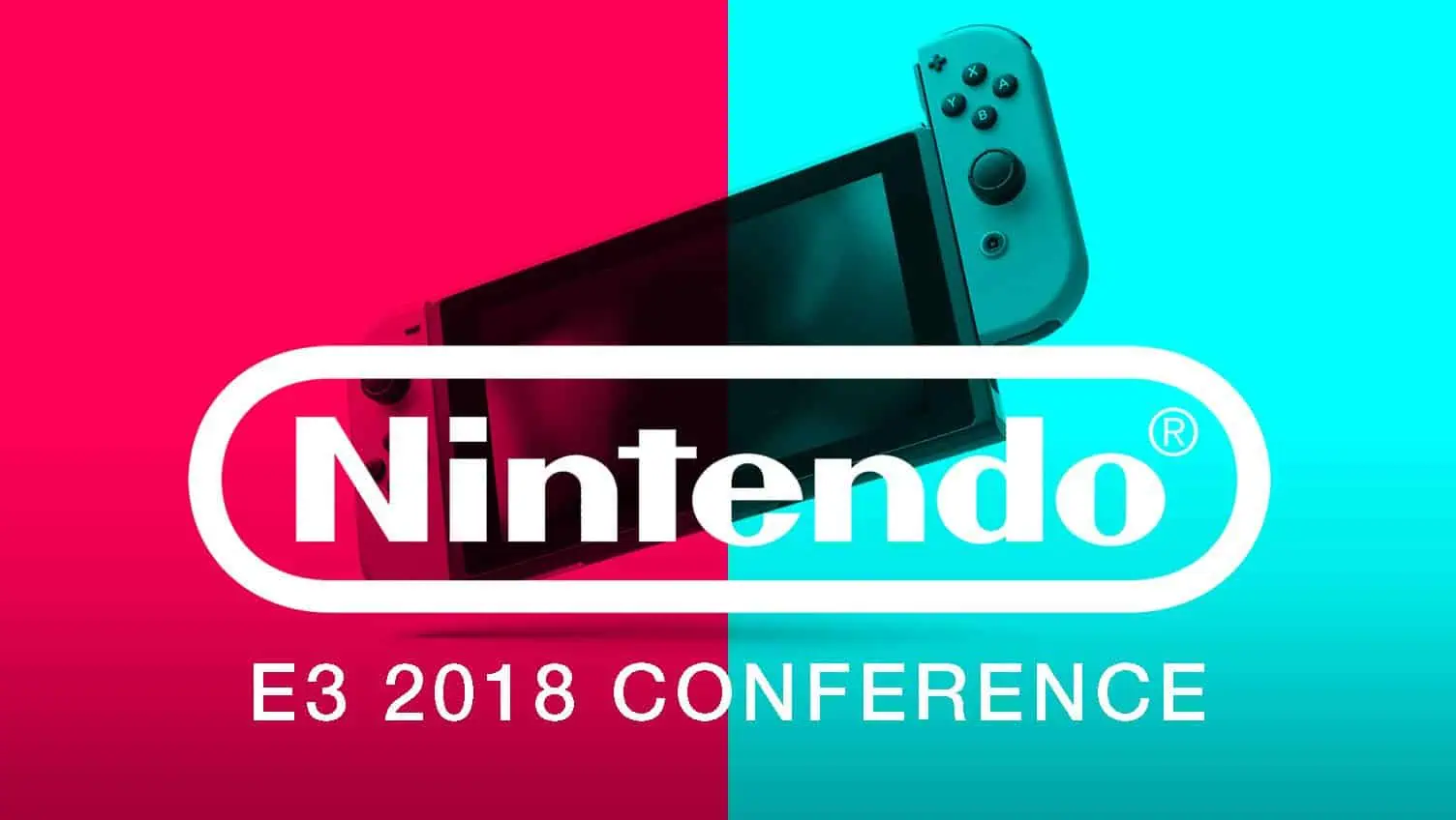 Nintendo E3 2018 conference with gaming consoles and vibrant background.