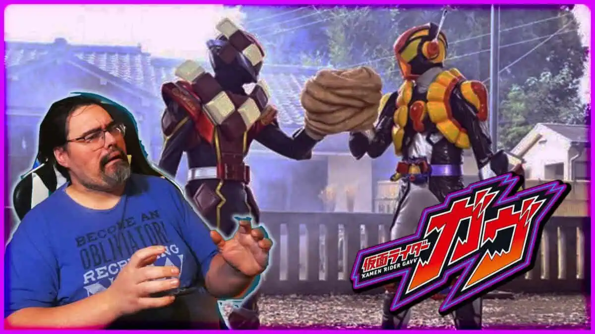 Kamen Rider and robot figures with a man enjoying a drink.