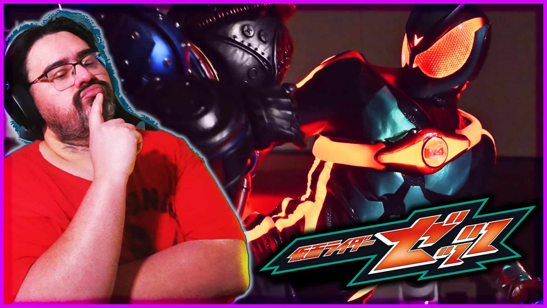 Zeztz Ep 3 Reaction Person with glasses and beard thinking with two futuristic characters in the background.