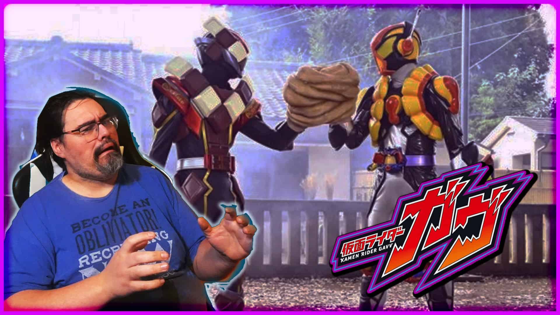 Kamen Rider Gavv characters with a man in a blue shirt.