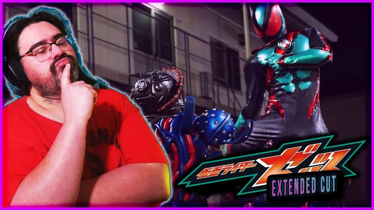 Kamen Rider Xtreme Cut Man with glasses and beard pondering with Kamen Rider Xtreme figures behind him.