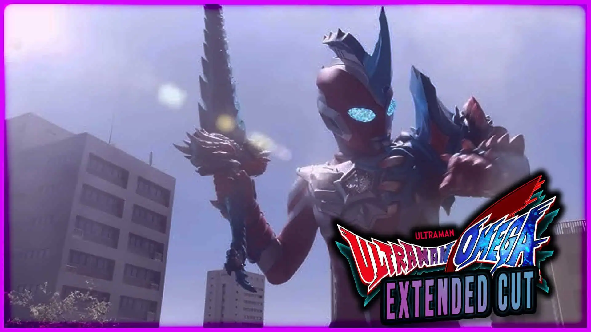Ultraman Omega in action with a giant monster in a cityscape scene.