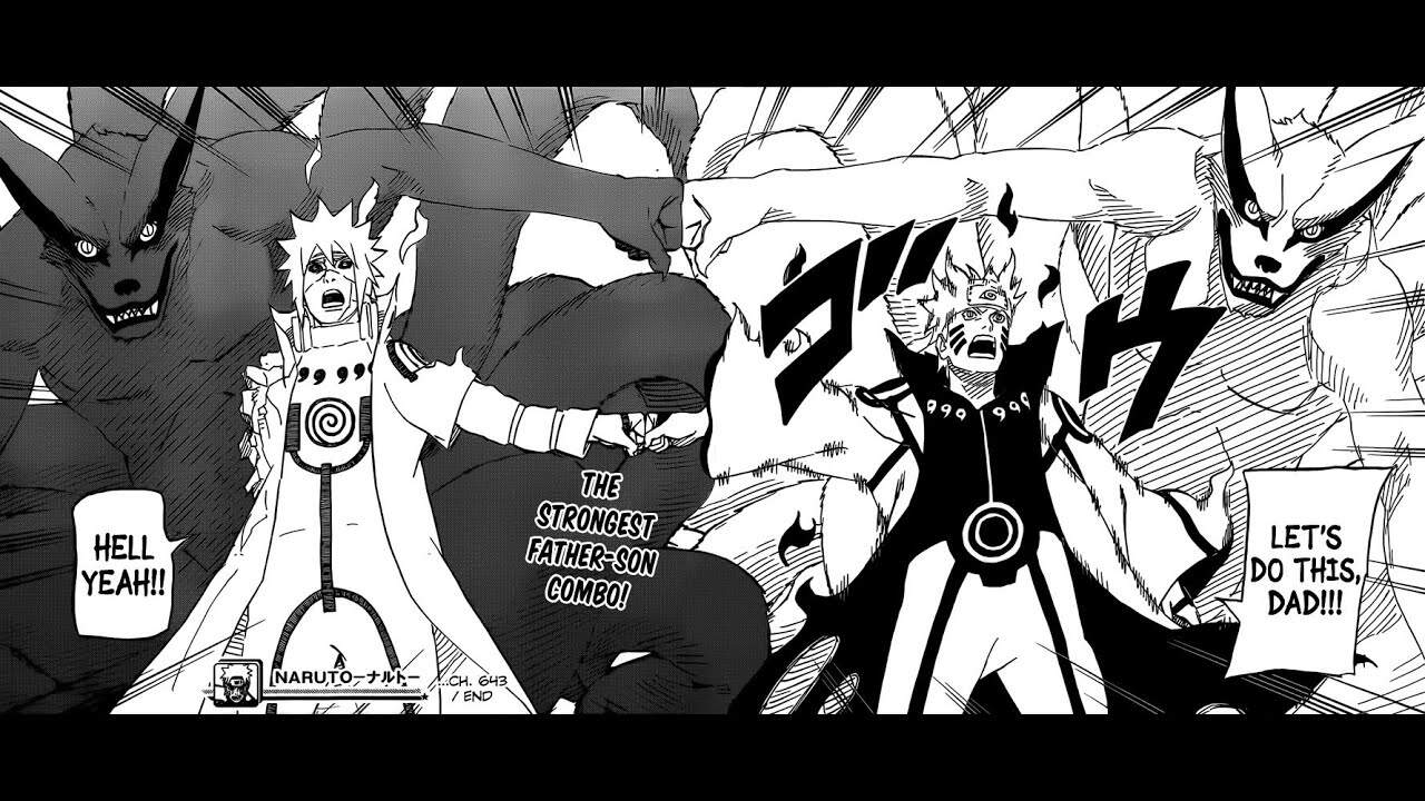 Naruto manga 643 scene with Naruto and Kurama in intense battle.