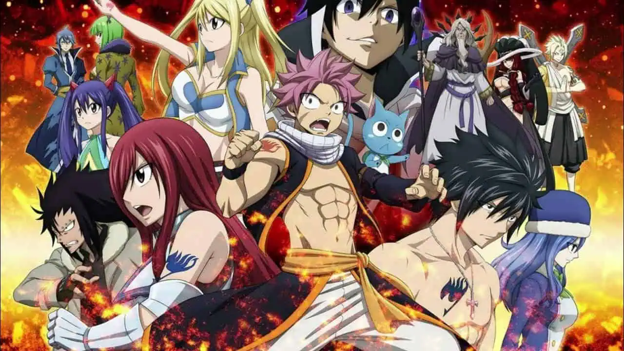 Vibrant Fairy Tail anime characters in dynamic poses, showcasing magic and adventure themes.