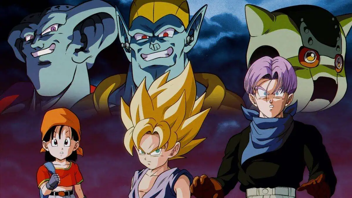 Black-Star Dragonball Saga characters from Dragon Ball GT. Goku, Pan, and villains in intense battle.