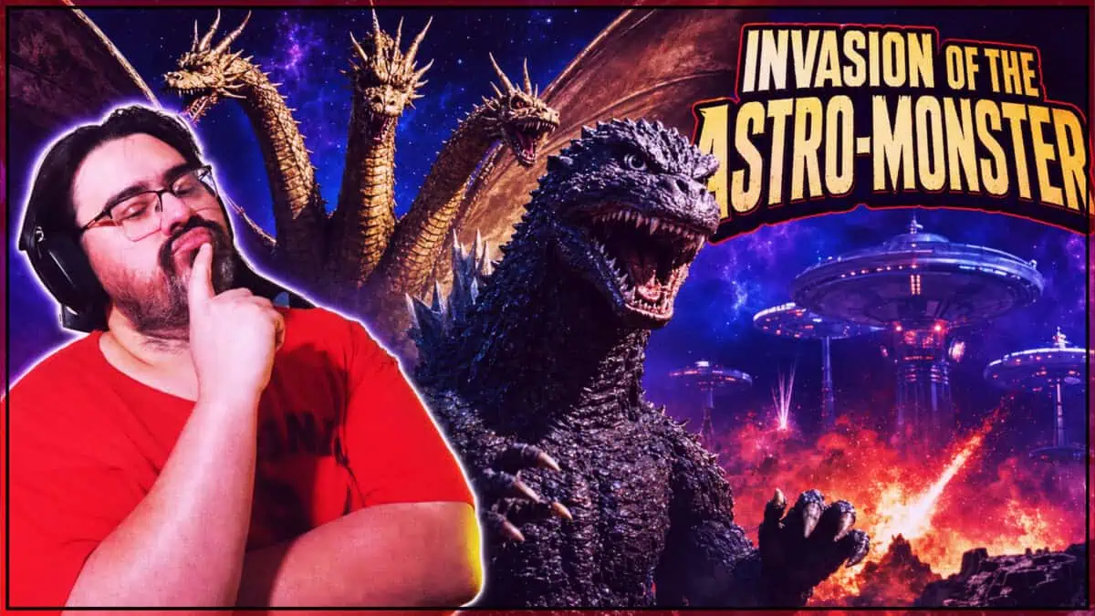 Invasion of the Astro-Monster Movie Scene Godzilla and King Ghidorah battle in space with sci-fi backdrop.