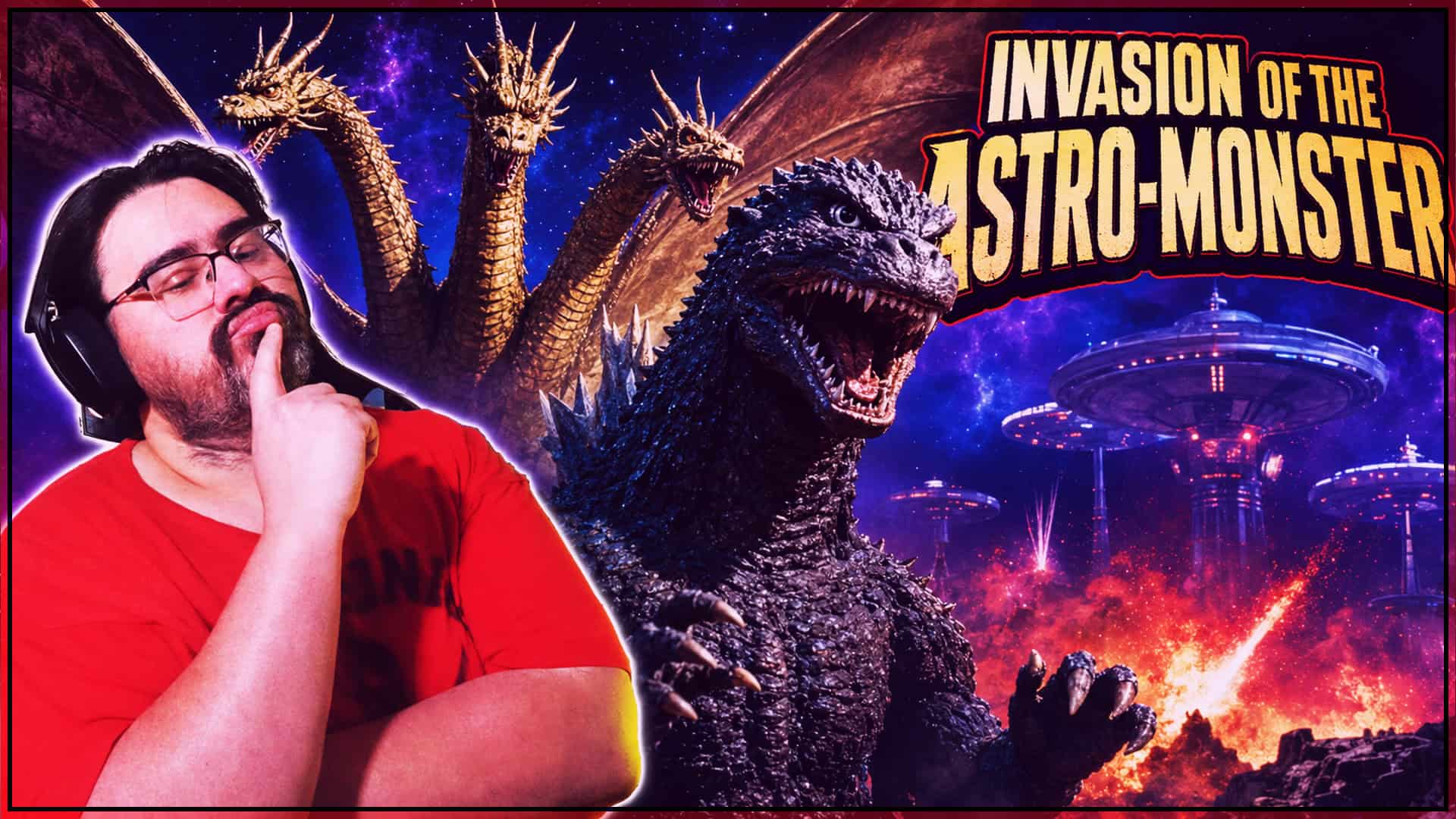 Godzilla and King Ghidorah battle in space with sci-fi backdrop.