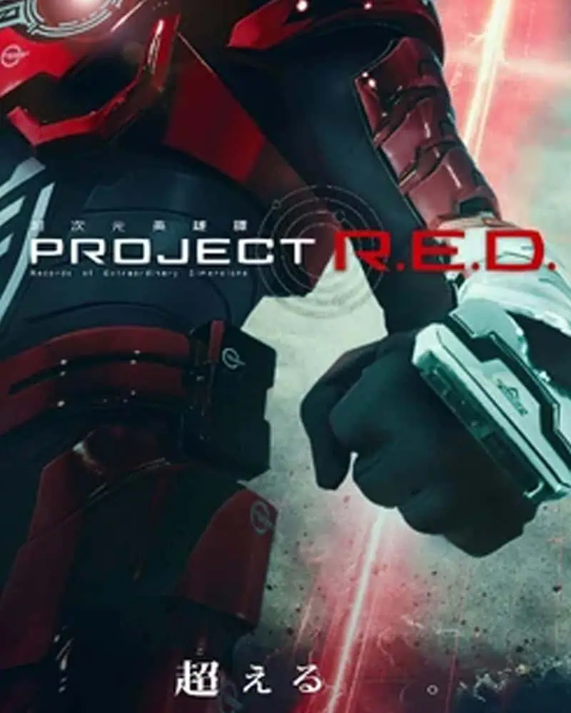 Futuristic soldier in red armor with high-tech gear, dynamic action scene.