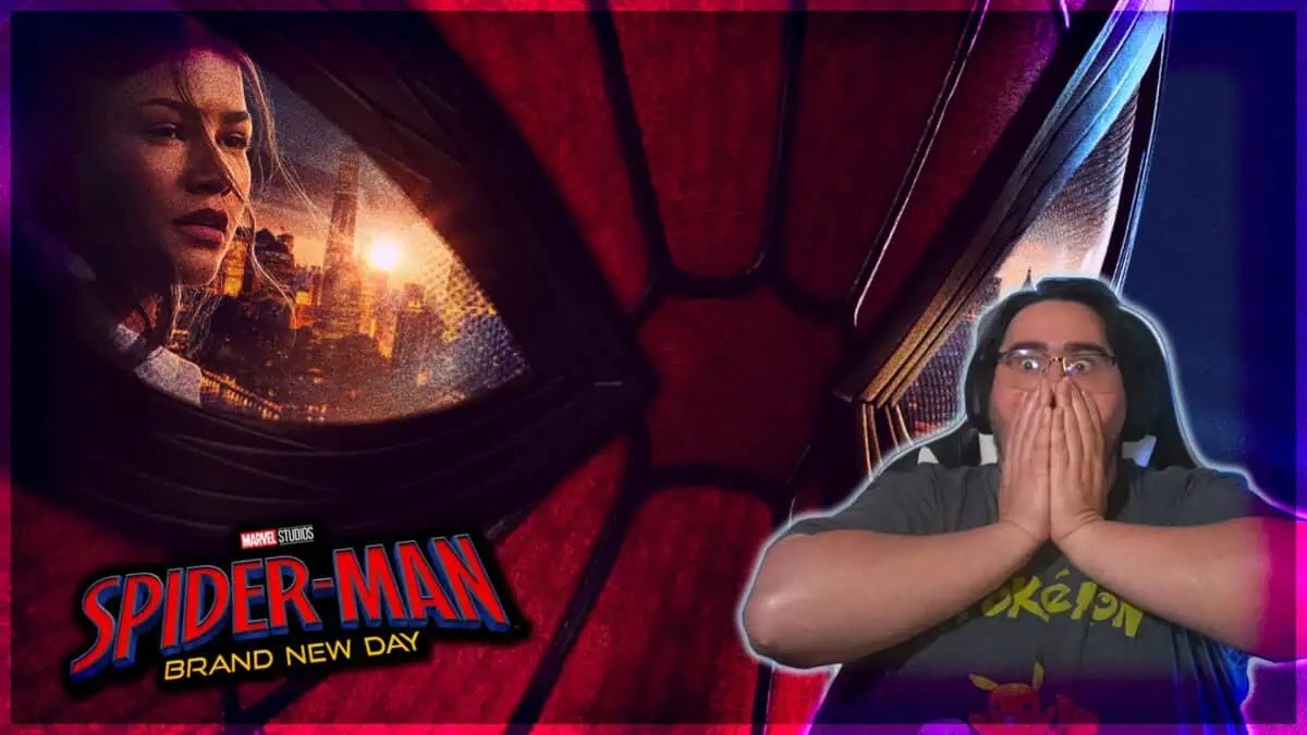 Excited viewer reacts to Spider-Man trailer with hands over mouth.