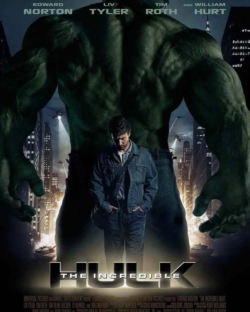 Hulk towering over a city with a man standing in front, dark cityscape background.