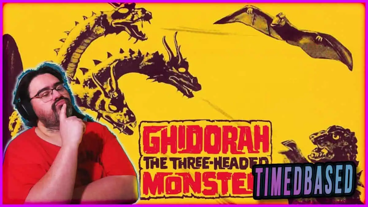 Promotional poster of Ghidorah, the Three-Headed Monster with a person thinking.