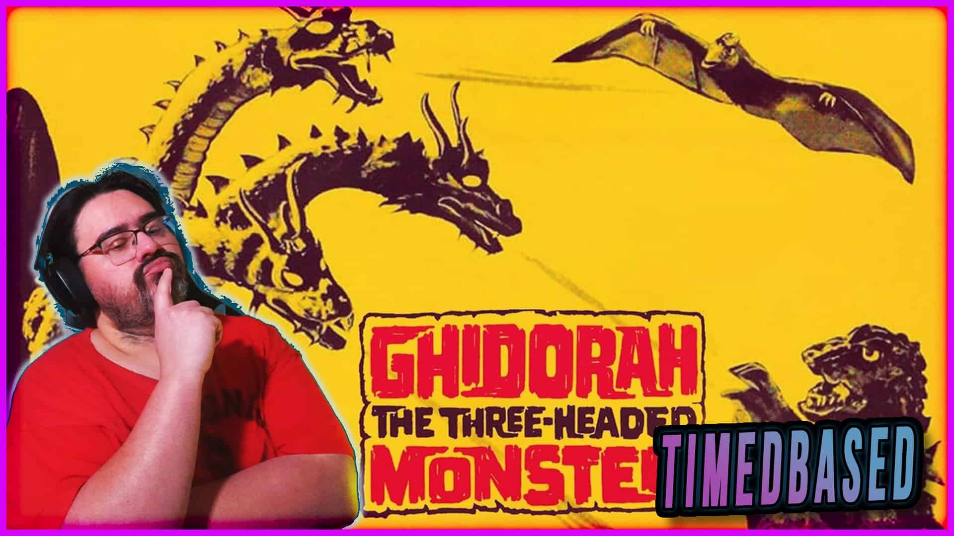Promotional poster of Ghidorah, the Three-Headed Monster with a person thinking.
