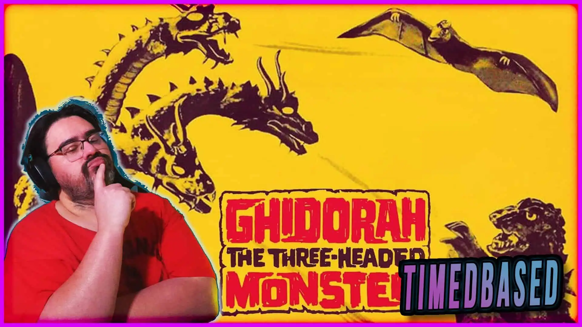 Promotional poster of Ghidorah, the Three-Headed Monster with a person thinking.