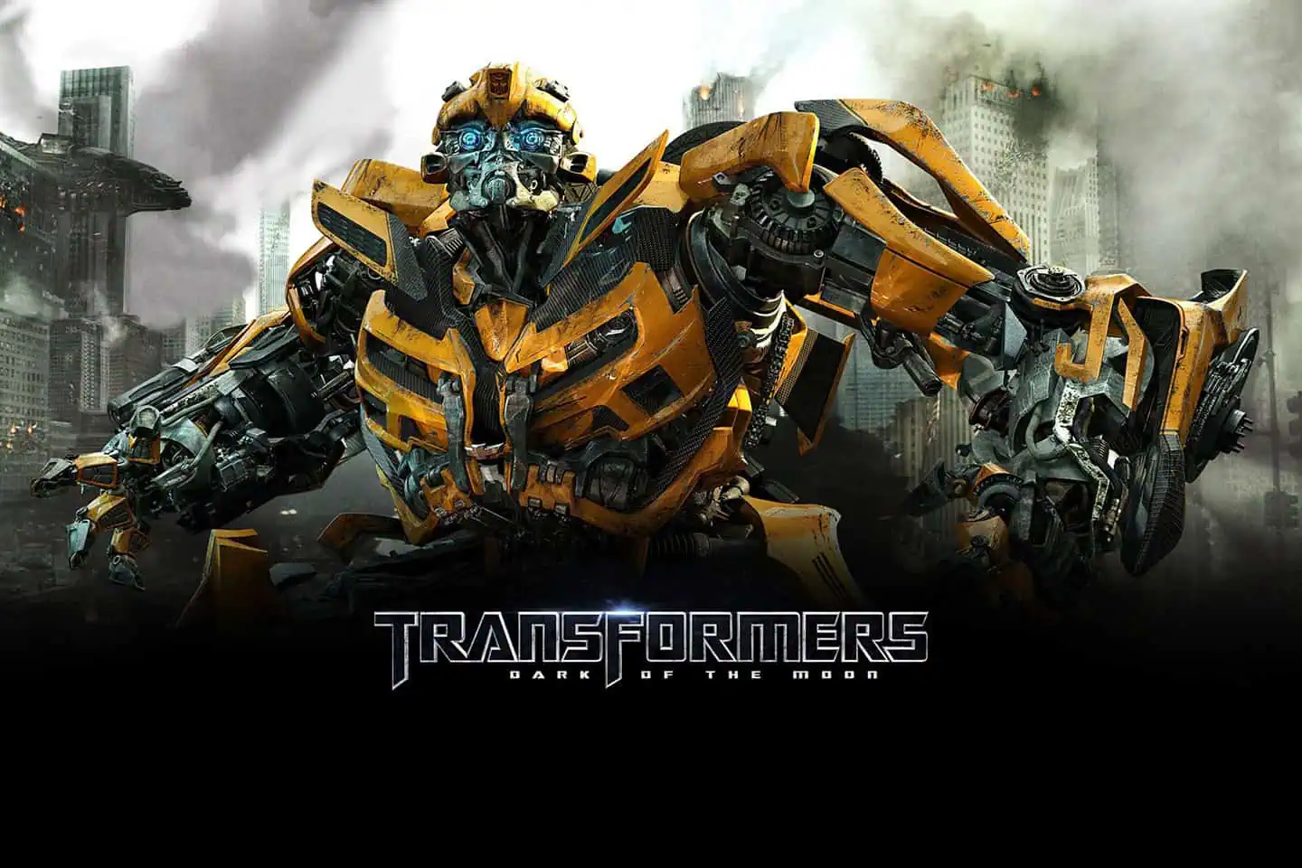 Bumblebee robot from Transformers in a cityscape, showcasing detailed mechanical design.