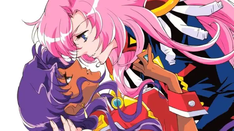 Utena and Anthy from Revolutionary Girl Utena in a close embrace.