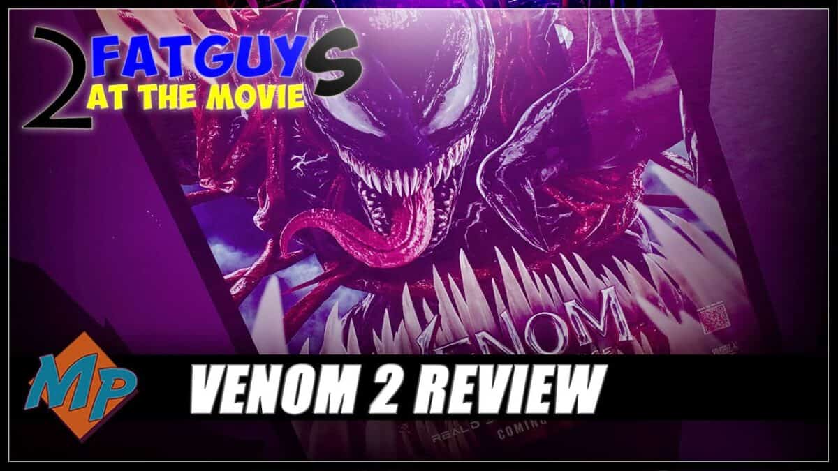 Venom 2 movie review poster featuring Venom's menacing face and sharp teeth.