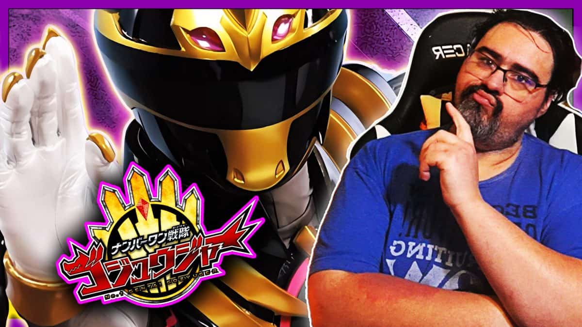 Black Gozyuger in a dynamic pose with a gold and black helmet, alongside a man in a blue shirt.